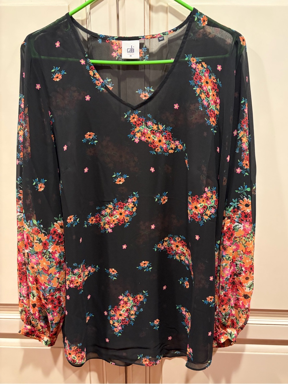 CAbi Black Sheer V-Neck Blouse with Multicolor Floral Clusters